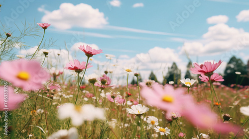a vibrantly colorful flower field on a sunny summer afternoon. Ideal for landscapes, tranquility, and natural beauty.