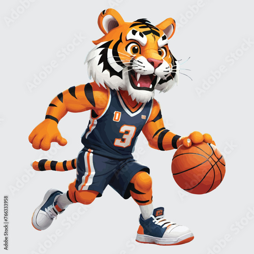 mascot tiger playing basketball, vector isolated clipart