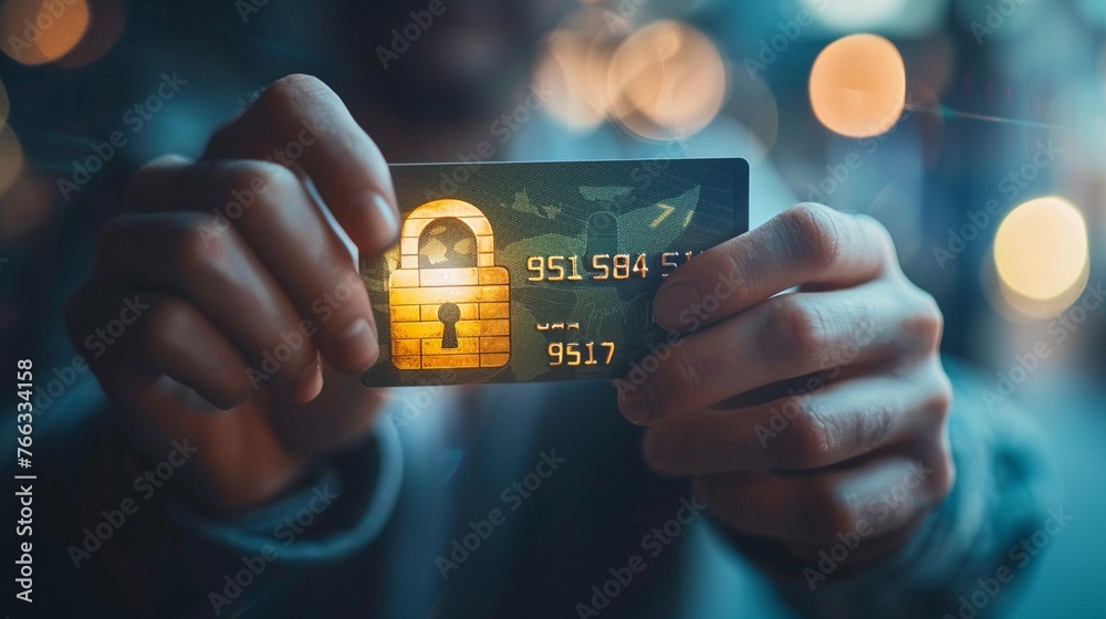 Secure grip, man holding credit card, padlock superimposed, hint at secure transactions, soft background - obrazy, fototapety, plakaty 