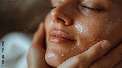 Realistic exfoliating session, gentle hands, focused lighting, closeup on skin rejuvenation