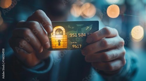 Secure grip, man holding credit card, padlock superimposed, hint at secure transactions, soft background