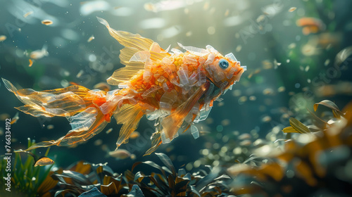 A vibrant origami goldfish with a vivid orange hue appears as a dynamic contrast to the tranquil underwater realm it inhabits