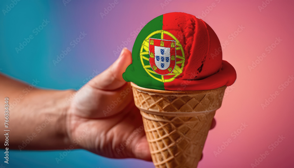 On a colorful background, a hand with ice cream in the form of the flag of Portugal