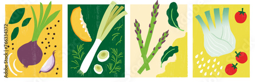 Vegetables Illustrations: Onion, Basil, Leek, Pumpkin, Asparagus, Fennel, Tomatoes