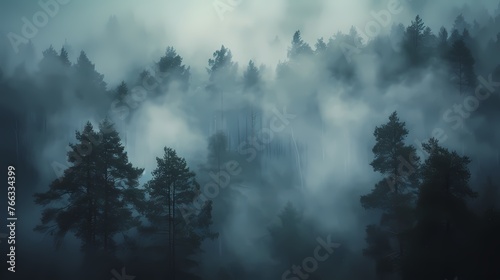 Dense fog rolling through a mystical forest  where tall trees are barely visible  creating an ethereal and mysterious atmosphere.