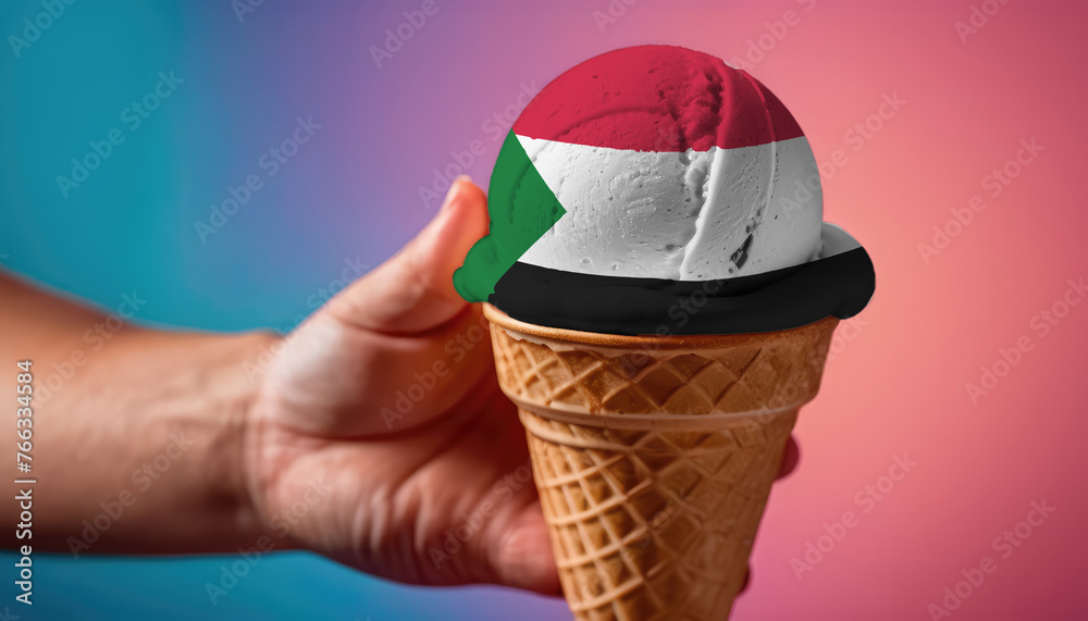 Obraz premium On a colorful background, a hand with ice cream in the form of the flag of Sudan