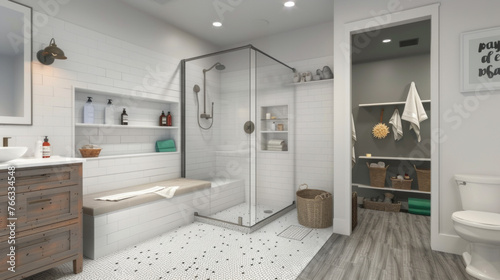 A pet-friendly bathroom design with a built-in shower station for washing furry friends, waterproof flooring, and storage for pet supplies photo