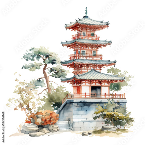 japanese lanscape vector illustration in watercolour style