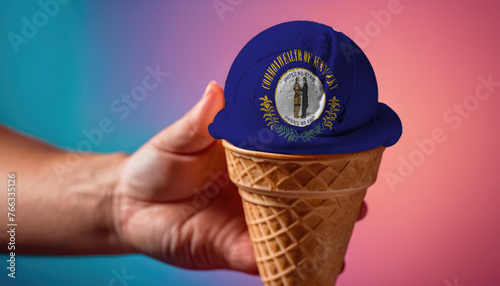 On a colorful background, a hand with ice cream in the form of the flag of Kentucky