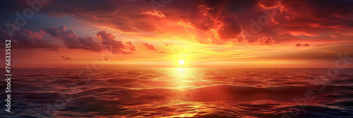 sunset in sea  tropical beach seascape horizon,  Orange and golden sunset sky calmness tranquil relaxing, banner © Planetz