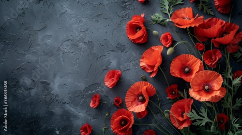 Vibrant red poppies scattered on a textured dark grey background, a symbolic floral tribute for Remembrance Day or Anzac Day commemorations photo