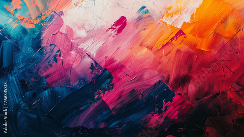 A lively abstract painting boasting bright pink, blue, and red hues with contrasting sharp lines and shapes © Daniel