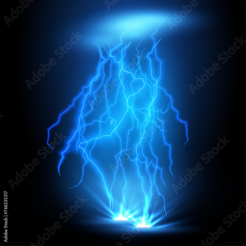 Glowing blue lightning, thunder, thunderstorm, and thunderbolt strike vector. Electric flash and lightning sparks illuminate a black background, creating an energy discharge. Vector. © Jer