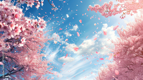 A vibrant composition of pink blossoms in full bloom against a clear blue sky, simulating a springtime awakening filled with life and beauty