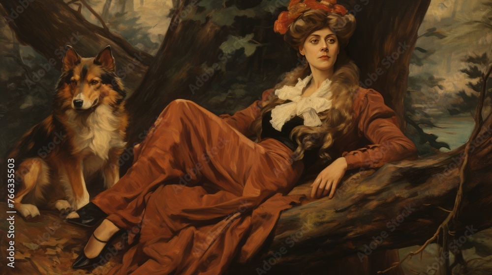 A woman is sitting on a log next to a dog. The woman is wearing a red dress and a hat. The dog is laying on the ground. The painting has a calm and peaceful mood