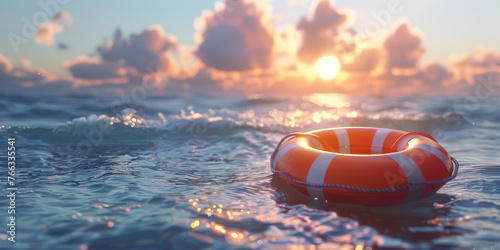 A life ring floating on the ocean, on blue sky and sea in the background. Life preserver in sea banner photo
