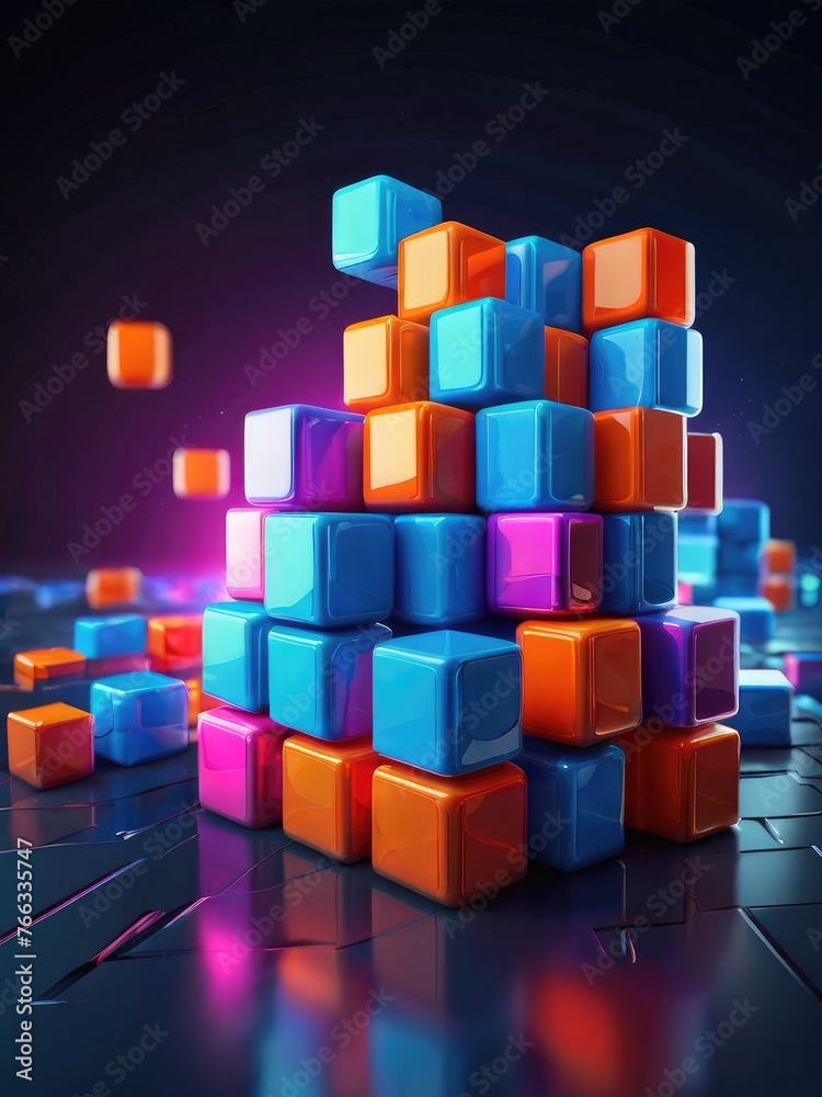 Dark squares and neon light glow abstract background. Realistic wall of cubes. black square pattern background grunge surface. Black color abstract modern luxury square 3d background. Geometric shape.