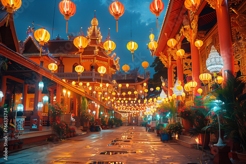 Lanterns with intricate details hang along the street for Wesak Day celebrations