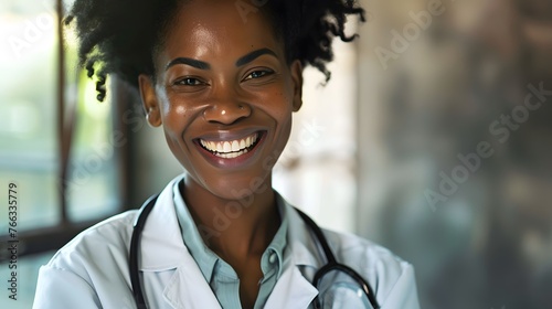 afro descent black woman doctor with white clothes and stethoscope smiling portrait photo