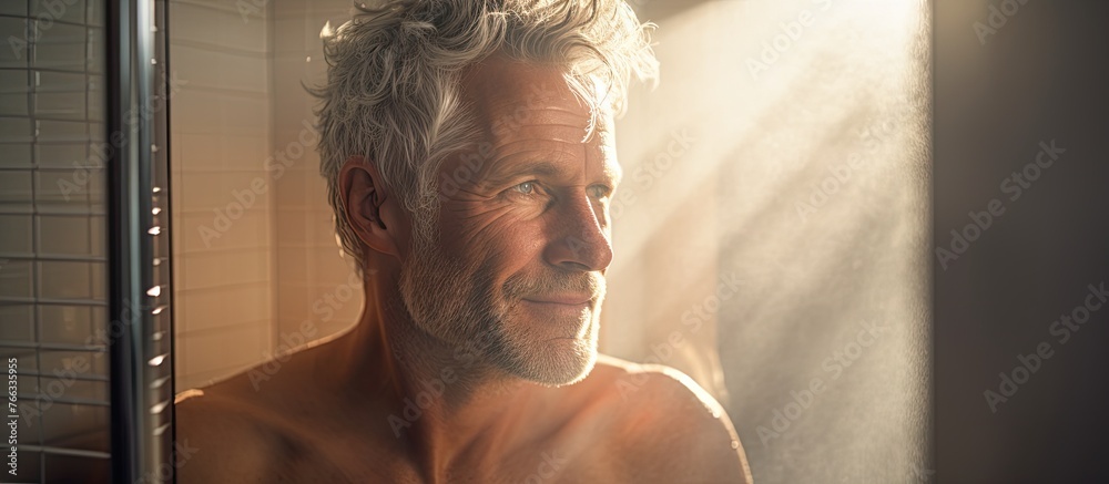 A man with a beard is happily taking a shower in a bathroom, his chest glistening with water. He smiles and gestures with his jaw, his eyelashes fluttering with pleasure - obrazy, fototapety, plakaty 