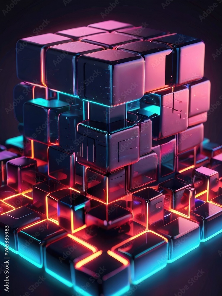 abstract black metallic faceted background, pink glowing neon light, square tiles, modern geometric texture, cyber network concept abstract black metallic faceted background, pink glowing neon light, square tiles, modern geometric texture, cyber network concept