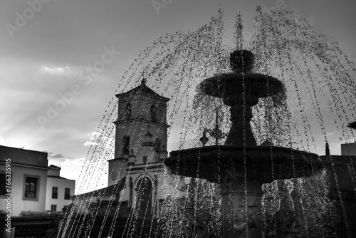 Neobaroque marble fountain in Plaza de Espana Square in Merida