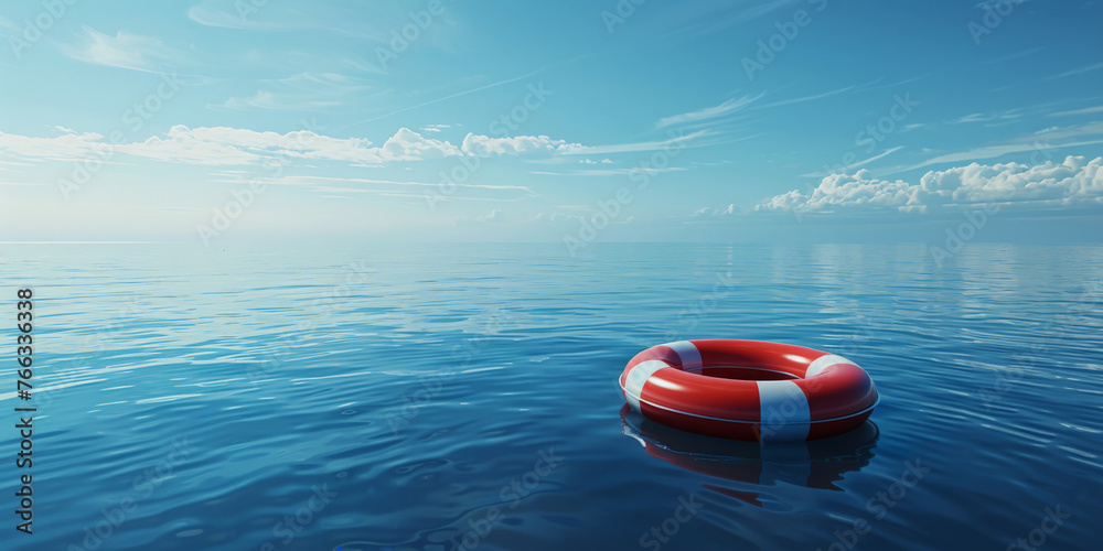 A life ring floating on the ocean, on blue sky and sea in the background. Life preserver in sea banner - obrazy, fototapety, plakaty 