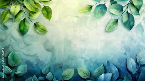 A tranquil image depicting diverse green leaves in different shades with a soft bokeh light effect in the background