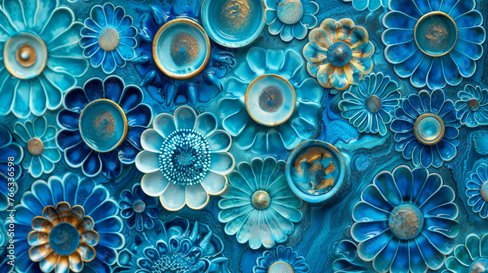 This image showcases an array of blue floral patterns with metallic golden and silver-like accents This image showcases an array of blue floral patterns with metallic golden and silver-like accents