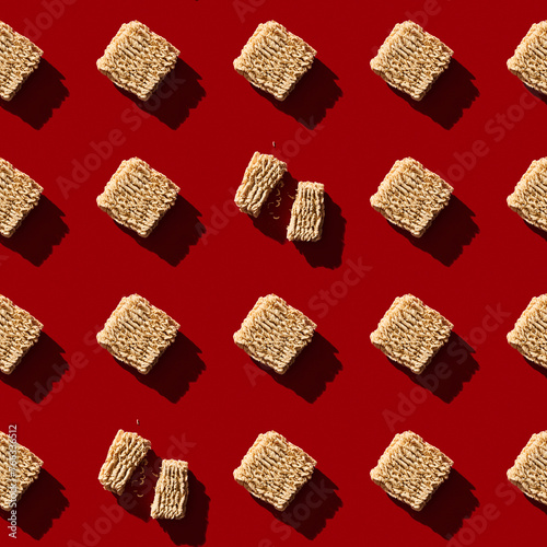 Chinese instant ramen noodles on red background seamless pattern. Retro style 80-90s food photography