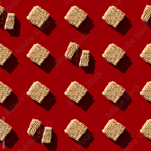 Chinese instant ramen noodles on red background seamless pattern. Retro style 80-90s food photography