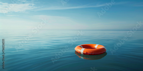 A life ring floating on the ocean, on blue sky and sea in the background. Life preserver in sea banner