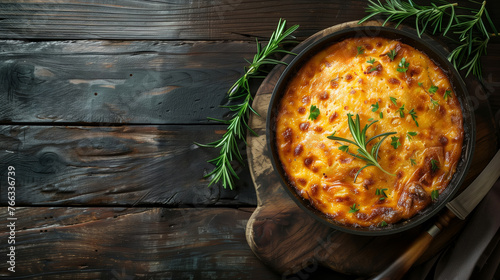 Golden brown homemade shepherd's pie in a black skillet garnished with fresh rosemary and parsley on a rustic wooden background, ideal for cozy family dinners
