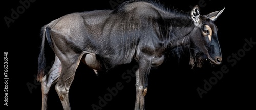  A sharp, focused photo of a wildebeest's head against a black backdrop