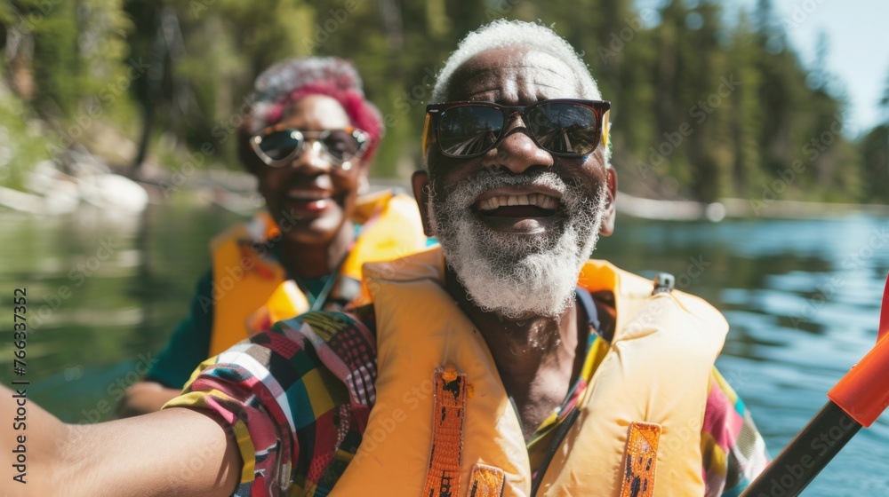 Happy couple enjoying themselves on a lake, rowing a boat