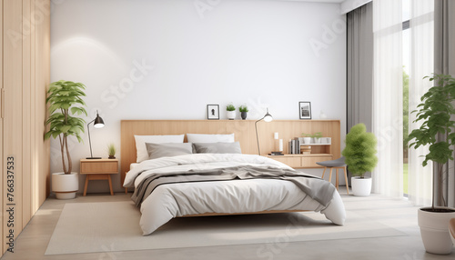 Modern bedroom interior design with large windows and white walls wooden furniture and plants © HecoPhoto