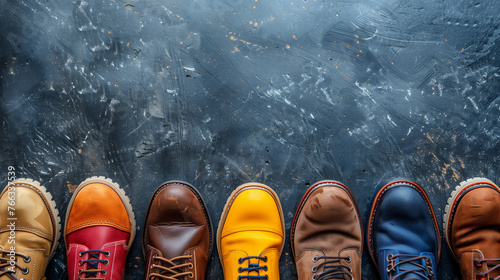 Colorful assortment of men's casual shoes on a dark textured background, showcasing fashion diversity and choice in footwear