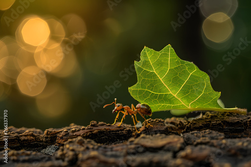 Compose an image that depicts an ant in the midst of its incredible feat of strength, carrying a giant leaf across a rugged log. The ant should be portrayed in exquisite detail © john