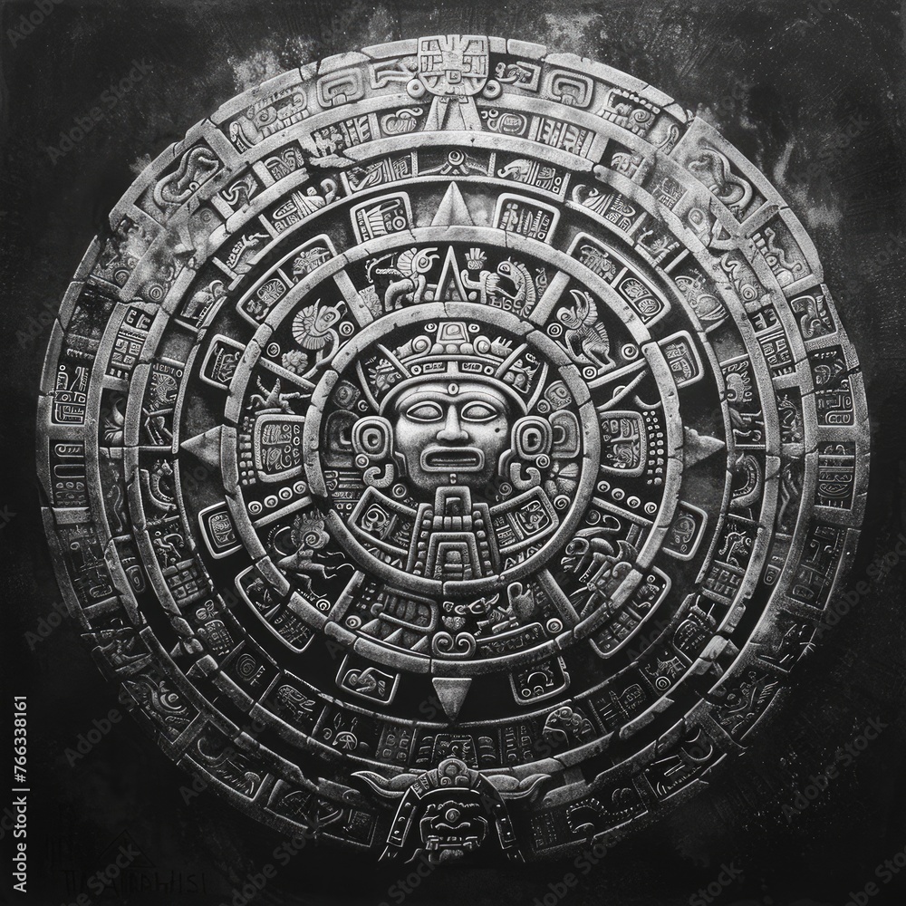 Ancient Mayan Calendar with Detailed Hieroglyphs and Astronomy Symbols. Exploring the Maja Apocalypse Prophecy and Time in Mayan Culture and Religion