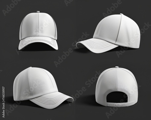 3D Hat Mockup Template on Black Background. Isolated White Hat with View from Top, Bottom, Front, and Back. Perfect for Casual Attire Ads