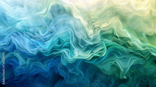 Fluid image illustrating abstract wavy textures with a gradient from blue to green resembling ocean waves
