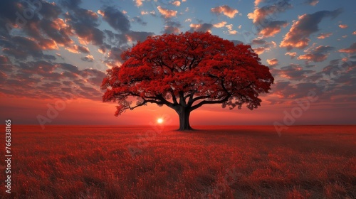  Red tree in field, sun sets, clouds in sky