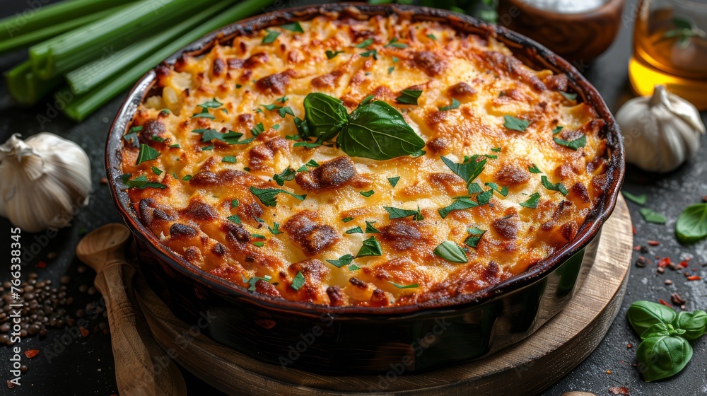 A photo of a casserole in a pan on a table with garlic, herbs, and other ingredients A photo of a casserole in a pan on a table with garlic, herbs, and other ingredients