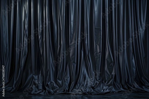 Black Curtains Background. Theatrical Drapes of Closed Black Curtain with Graceful Folds for Cinema, Performance and Show Presentation