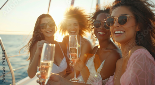 A group of beautiful women on yacht, drinking champagne and smiling while wearing sunglasses. The sun is shining brightly in the sky