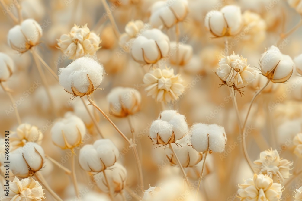 Delicate Cotton Flowers Closeup: A Beautiful Background of Fluffy and Light Cotton Flowers, a Symbol of Agriculture and Fiber