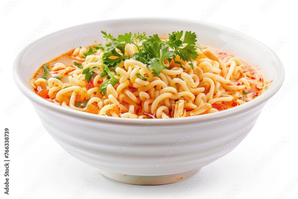 Delicious Instant Chicken Noodle Soup in a White Ceramic Bowl, Isolated on White Background with a Parsley Garnish Delicious Instant Chicken Noodle Soup in a White Ceramic Bowl, Isolated on White Background with a Parsley Garnish