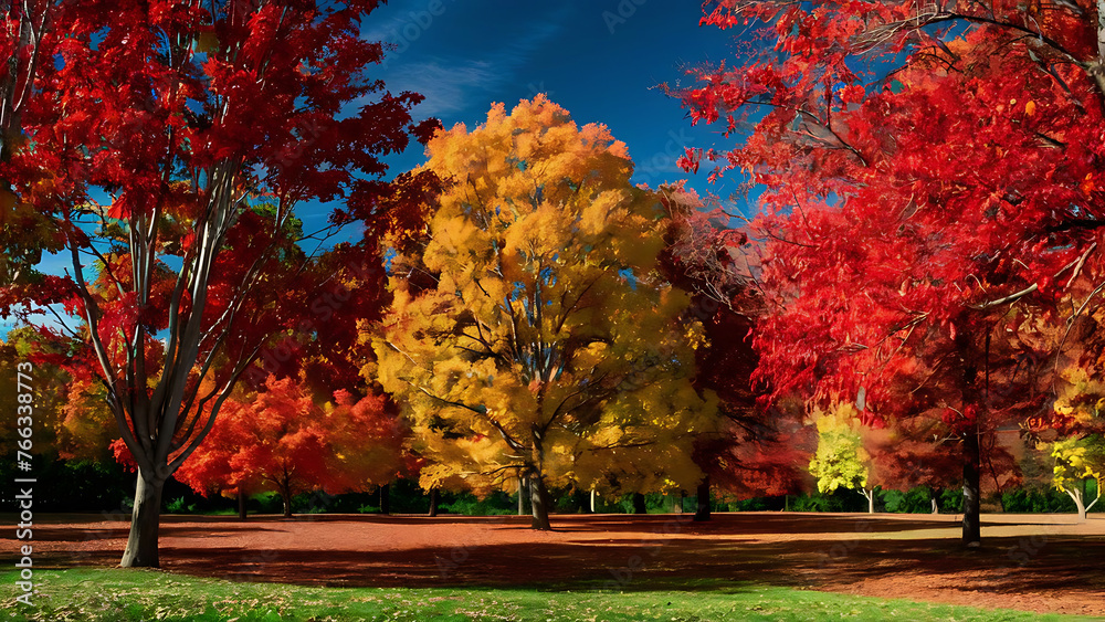 Fototapeta premium Colorful trees and footpath road in autumn landscape in deep forest. Generative Ai