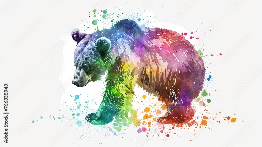  A watercolor portrait of a brown bear with vibrant splatter patterns on its fur and face - obrazy, fototapety, plakaty 