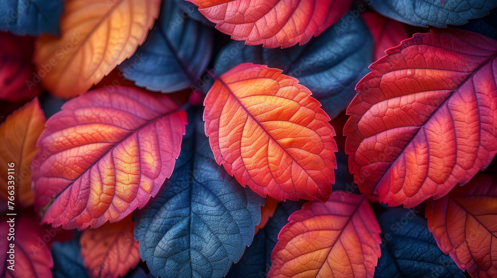 Tight shot of multicolored leaves illustrating the detailed veining and patterns